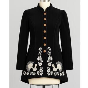 Anthropologie Jacket Corduroy Black Embroidered Peacock size 4 Cottage Goth